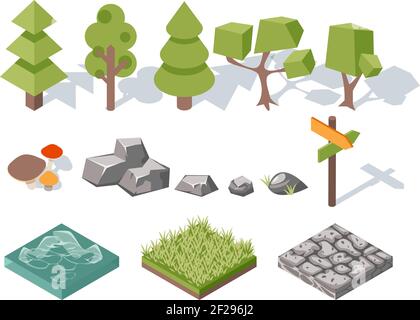 Flache Elemente der Natur. Bäume und Sträucher, Felsen und Wasser, Gras und Pilze, Landschaftsgestaltung. Vektorgrafik Stock Vektor