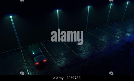 Einsames Retro-Auto auf leerem Parkplatz im Regen. Nebel, Regen, Reflexionen. Cyberpunk Tapete. 3D Darstellung rendern. Stockfoto