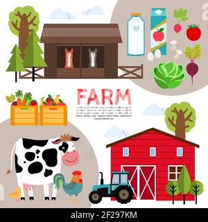 Flat Farming Elemente Zusammensetzung mit Kuh Henne Traktor Bäume Scheune Pferde Gemüse Früchte Milch und Saft Pakete Vektor-Illustration Stock Vektor