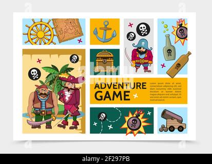 Cartoon Abenteuer Spiel Infografik Vorlage mit Piraten Lenkrad Anker Flaschen Kanone Bombe Schatzkiste tropische Insel Karte Schädel und Kreuzb Stock Vektor