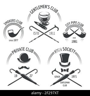 Vintage Herren Club Emblem Set. Gentleman Club Emblem, Label Gentlemen, Schnurrbart Hipster Vektor Illustration Stock Vektor