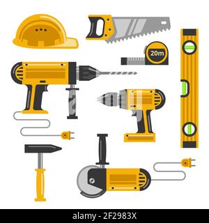 Satz von Bauwerkzeugen flache Symbole. Säge, Helm, Bohrer, Schraubpistole und Hammer und Bügelsäge. Vektorgrafik Stock Vektor