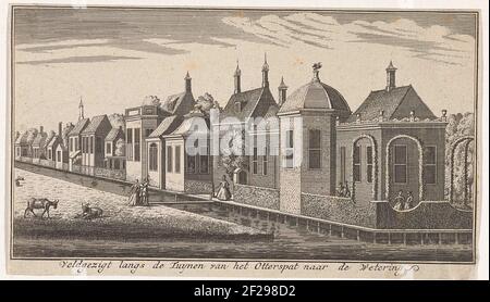 Gezicht op de tuinen bij het Otterspad aan een wetering; Veldgegt langes de Tuynen van het Otterspat naar de Wetering.Blick auf die Gärten am Otterspad zu einem Wetering, in Amsterdam. Über den Kanal verläuft eine Brücke durch die Gärten - mit ihren anmutigen Häusern - und die Wiese miteinander. Auf beiden Seiten der Brücke sind elegant gekleidete Figuren und eine Reihe von Ziegen auf dem Wasser befinden. Stockfoto