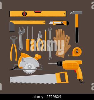 Satz von Symbolen für Handwerkzeuge in flacher Ausführung. Hammer und Kreissäge, Bohrer und Handschuhe. Vektorgrafik Stock Vektor