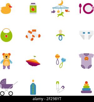 Niedliche Farbe Baby-Symbole gesetzt. Spielzeug und Kindheit, Kinderwagen und Ente, Vektorgrafik Stock Vektor