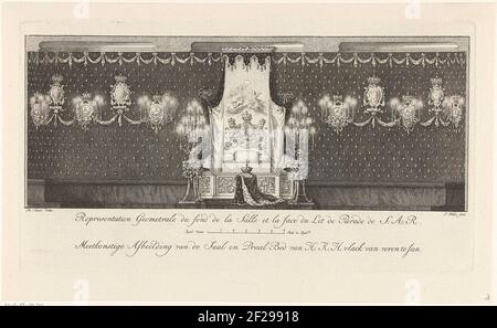 Interieur mit Lobpreisbett der Prinzessin Anna van Hannover; Darstellung Geometraal du Fond de la Salle et la face du lit de Parade de s.a.r. / Messkonditioniertes Bild der Halle und Lobpreisbett der H.K.H. Vlack van Voren. Geometrisches Bild des Zimmers und des Purge Bed, IN DEM Anna van Hannover, Prinzessin von Oranje-Nassau und Witwe von Willem IV. Zu spät verlegt wird. Die Skala liegt zwischen dem französischen und dem niederländischen Titel. Stockfoto