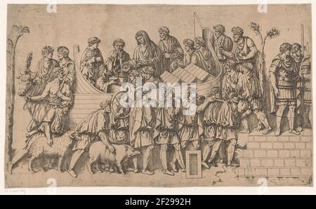 Szene aus den Essigkriegen. Szene aus den dämenden Kriegen mit einem Opferritual. Eine Parade von Männern mit Blasinstrumenten und Tieren läuft auf einen Altar zu. Zum Flachrelief auf der Säule von Trajan in Rom. Stockfoto