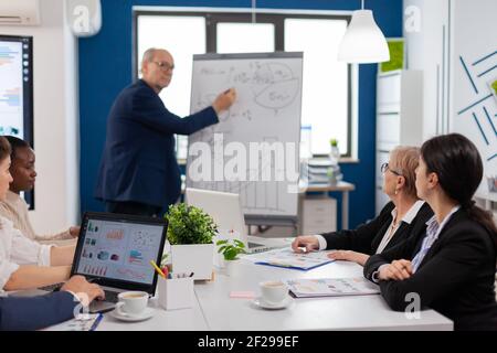 Älterer Geschäftsmann, der einem multiethnischen Team von Kollegen anhand eines Flipchart-Diagramms eine Präsentation gibt. Serious Speaker Chef Executive, Business-Trainer erklärt Entwicklungsstrategie zu motivierten gemischten Rennen Mitarbeiter. Stockfoto