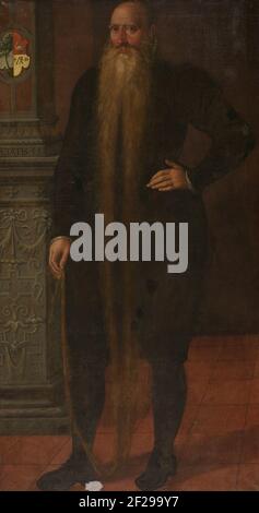 Porträt von Pieter Dircksz, genannt Langbart, Ratsmitglied der Orphan-Kammer in Edam.Porträt von Pieter Dircksz (1528-1606), genannt Langbärtige, Waise aus Edam. Stehend, für die Füße, mit der rechten Hand das Ende des Bartes halten, die linke Hand in der Seite. Auf der linken Seite eine Säule mit einem Keller mit Rollenwerk, Festiva und Bändern verziert; an der Spitze des Familienwappen. Stockfoto