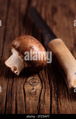 Cremini Pilz und Küchenmesser auf texturiertem Holz Hintergrund. Ein Baby portobello. Nahaufnahme Stockfoto