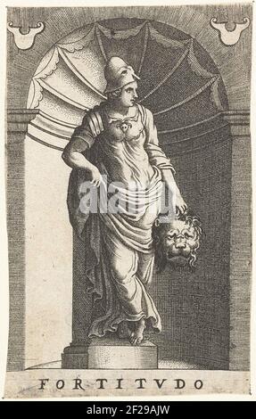 Kracht; Fortitvdo; De zeven deugden.in einer Nische die weibliche Personifizierung der Macht (fortitudo), eine der vier Kardinaltugenden. Sie hat einen Helm auf dem Kopf. In ihrer Hand der zerhackte Kopf eines Löwen, das Symbol der Macht. Der Druck ist Teil einer Serie mit den sieben Tugenden als Subjekt. Stockfoto