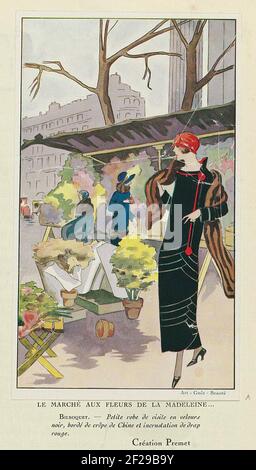 Kunst - Geschmack - Schönheit, Flugblätter weiblicher Eleganz, Januar 1924, Nr. 41, 4th Jahre, S. 17: Der Blumenmarkt der Madelein (...). A Lady in A Business Juke of Black Velvet von Premet, zu Fuß über den Blumenmarkt für die Madeleine in Paris. Teil einer Seite aus der Modelijdschrift Art-Taste-Beauty (1920-1933). Stockfoto