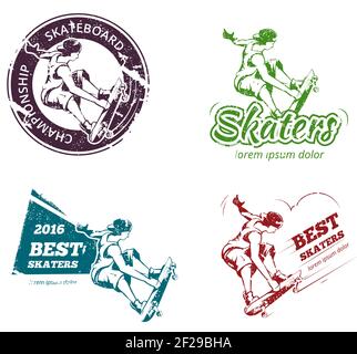 Retro Farbe Skateboarding Labels, Logos und Aufkleber Set. Emblem Abzeichen Druck, extrem urban. Vektorgrafik Stock Vektor