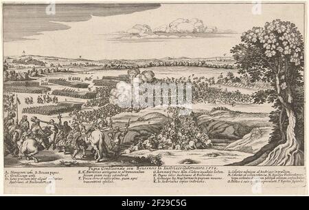 Schlacke bij Gembloers, 1578; Pugna Gemblacensis deu Boueensis IO. Austriaco Gubernatore. 1578.Schlacht bei Gembloers, 31. Januar 1578. Schlacht, in der die Staatsarmee von der Armee von farnese besiegt wird. In der Ferne die Städte Namen und gembloux. An der Spitze einer Banderole mit dem Titel und der Legende A-P in Latein. Stockfoto