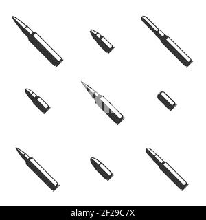 Vektorset mit schwarzen Aufzählungszeichen. Militärmunition, Kaliber Pistole, Gefahr Waffe, Kontur Patron Illustration Stock Vektor