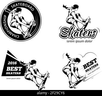 Vintage Skateboarding Labels, Logos und Abzeichen Vektor-Set. Skateboard-Emblem, extreme städtische Illustration Stock Vektor