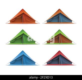 Vector Set von grünen, roten, blauen touristischen Zelte für Reisen und Camping Vorderansicht isoliert auf weißem Hintergrund Stock Vektor