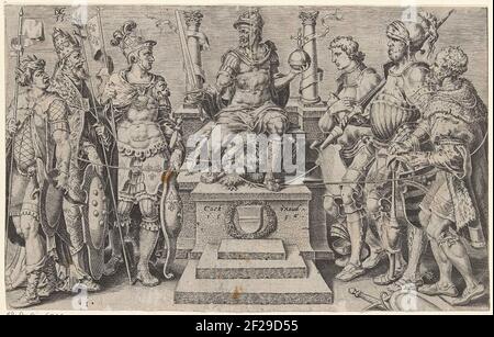 Kaiser Karl V. umgeben von seinen eroberten Gegnern; Siege von Karl V.; Divi Caroli. V. Imp. Opt. Max Victoriae, ex multis praecipuae.Kaiser Karl V. sitzt auf einem Thron, mit einem Adler zwischen seinen Füßen. In seinem Schnabel hat der Adler einen Ring, an dem Seile befestigt sind, an denen die eroberten Feinde des Kaisers gebunden sind. Links vom Thron: Französischer I., König von Frankreich, Papst Clemens VII. Und der türkische Prinz Süleyman I. auf der rechten Seite die deutschen protestantischen Prinzipien Philipp I., Landgraaf van Hessen, Maurits, der Keurvorst von Sachsen und Willem II., Herzog van Gelre, Kleef, Gulik und Stockfoto