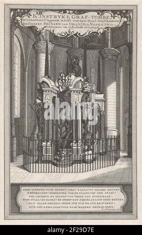 Die Graftombe von Willem van Oranje, 1623; Kunstryke Graf-Tombe, im Sinn 'gegründet in Delft, für unsere Tür: Stadthouderen den Heeren Prinsen van Oranje & Nassauw & (...) Beschützer des Gottesdienstes und Vryheyd.das Grab oder Lobpreisgrab oder Willem van Oranje in der neuen Kirche in Delft, fertiggestellt 1623. Oben auf einer Kartusche mit dem Titel, unten auf einer Kartusche mit frischen oder 6 Zeilen auf niederländisch. Stockfoto