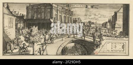 Gezicht op de Portugiese Synagoge te Amsterdam, ca. 1695; T Profil van de Kerk.Blick auf die portugiesische Synagoge (links vom Zentrum) in Amsterdam, um 1695. Links im Vordergrund Teil des Leprozenhauses mit der Legende 1-9. Der rechte Teil eines der Gebäude diente der hochdeutschen Gemeinde als Synagoge. Auf der Straße und auf der Brücke viele Figuren und eine Kutsche. Unten rechts auf einer Karte des Gebäudes. Oben rechts in der Mitte eine Banderole mit dem Titel. Stockfoto