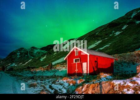 Nordlichter oder Aurora Borealis über atypischen roten Häusern Rorbu, Svolvaer Lofoten Norwegen