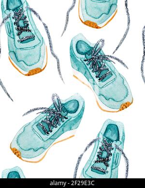 Nahtloses Muster Sport mint Schuhe Turnschuhe Aquarell Stil Illustration isoliert auf weißem Hintergrund. Stockfoto