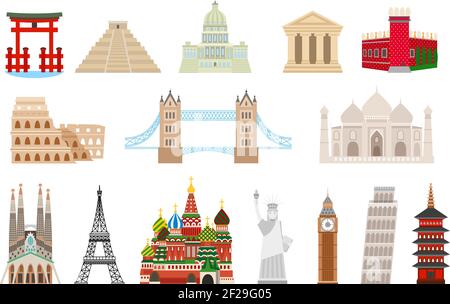 Wahrzeichen der Welt im flachen Stil. Kolosseum und kreml, Brücke und taj mahal, Statue Freiheit, Big ben, eiffel und pisa Turm. Vektorgrafik Stock Vektor