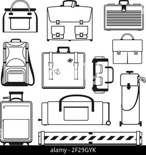 Gepäcksymbole eingestellt. Tasche und Koffer, Gepäck Geschäft, Urlaub und Transport, Handtasche und Tourismus, Vektor-Illustration Stock Vektor