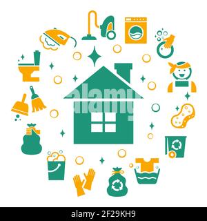 Symbole für die Haushaltsreinigung eingestellt. Schwamm und Hausarbeit, Handschuh und Eimer, Waschen und Housekeeping, Vektorgrafik Stock Vektor