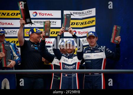 02 BOYD Wayne (gbr), GRIST Garett (CAN), ERDOS Tommy (BH), United Autosports, Ligier JS P3 - Nissan, Action, Podium während der 2019 ELMS European Le Mans Series, 4 Stunden von Portugal vom 25. Bis 27. Oktober in Portimao - Photo Paulo Maria / DPPI Stockfoto