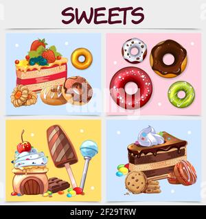 Cartoon Süßigkeiten quadratische Konzept mit Kuchen Donuts Kekse Eis lollipop Schokolade bar bunte Süßigkeiten Cookie Makronen isoliert Vektor illustratio Stock Vektor