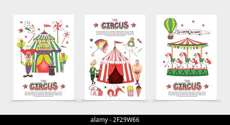 Flache Zirkusposter mit einem starken Clown Magier akrobaten Zelt Karussell Zauberstab Regenschirm Tickets Eis Popcorn Heißluftballon vektorgrafik Stock Vektor
