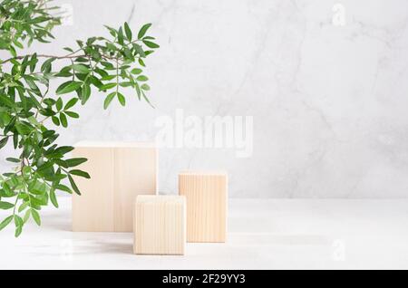 Elegante beigefarbene Würfelpodien aus Holz mit grünem Laub im Sonnenlicht auf weißem Brett und grauer Marmorwand zur Produktauslage. Einfache moderne Sommer de Stockfoto