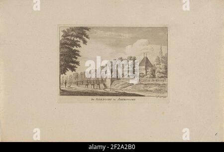 Blick auf den Slijkpoort in Amersfoort; der Slykpoort in Amersvoort.Blick auf den Slijkpoort in Amersfoort mit einer Brücke über die Singel und die Höhe unserer lieben Frauen. Stockfoto