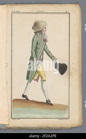 Nachrichten Französisch und Englisch News Store, September 30, 1787, 32nd Notebook, 2nd Jahr, pl. 1.junger Mann, der nach rechts geht, gekleidet in einer Gewohnheit mit breiten Streifen AUF EINER GELBEN Kniehose. Zubehör: Flower Body, Hut, flache Schuhe mit quadratischen Schnallen. Der Druck ist Teil der 32th Cahier, 2nd Jahr, aus der News Französisch und Englisch Modi Store-Serie. Die Serie besteht aus 172 Modedrucken, veröffentlicht von Buisson, Paris, 20. November 1786 - 21. Dezember 1789. Stockfoto