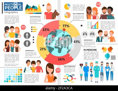 Flache multirassische Menschen Infografik Vorlage mit Diagramm Männer und Frauen Von verschiedenen Ethnien in verschiedenen Bereichen des Lebens Vektor-Illustration Stock Vektor