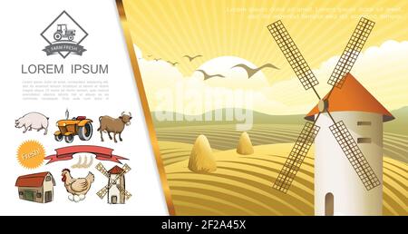 Retro Bauernhof buntes Konzept mit handgezeichneten Tieren Traktor Weizen Ears Scheune und Mühle auf ländlichen Feldlandschaft mit Ballen Der Heuvektordarstellung Stock Vektor