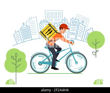 Zustelldienst Kurier auf dem Hintergrund der linearen Stadt. Banner schnelle Lieferung von Waren und Lebensmitteln. Vektor-Illustration Lieferung. Lieferung Kerl. Stock Vektor