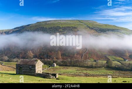 Nebel auf Kisdon Hill in Swaledale im Spätherbst. Yorkshire Dales National Park, Großbritannien. Stockfoto