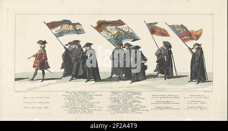 Willem IV, 1752, Tafel 20; Herz und Arme Hendrik Maas / Flagge, Imagining the Sea Magazine, with the Devys (...); Lyk-Staetsie van Zyne erhellte Hochmut der Lord Willem [IV] Carel Hendrik Friso, Prinz von Oranien und Nassau ... statt in IV Februar 1752.heraut von den Trägern oder Kaffee auf der Marine Macht und Armee gefolgt. Am Rand die Bildunterschrift auf Niederländisch, Französisch und Englisch. Teil einer Serie von 41 Platten der Bestattungsprozession oder Stadholder Willem IV. In Delft am 4. Februar 1752. Rechts oben nummeriert: 20. Stockfoto