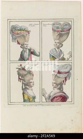 Gallery des Modes et Costumes Francais, 1778, E 30: Coeffure A L Irlandois (...). Vier hoch aktualisierte Frauen Frisuren Methohous verschiedene Kopfbedeckungen, in Rahmen unterteilt. Von oben links nach unten rechts: COOTE ZUM ILANDOIE MIT BLUMEN; Hut mit Wiegen oder Liebe; Coex in gemischten Blumen im Haar; Bonnet am Damn von vorne angebracht. Prant aus der Serie E. 5th Cahier des Costumes Französisch für Coophtches seit 1776, Galerie der französischen Modi und Kostüme. Stockfoto