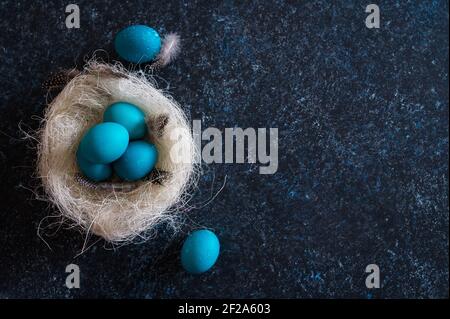 Mystisch färbende Ostereier mit Zweigen in einem dekorativen Nest auf blauem Hintergrund. Hintergrund mit Kopierbereich. Selektiver Fokus Stockfoto