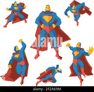 Superhelden in verschiedenen Aktionen. Kostüm Superheld, polygonale geometrische Mann Woth Mantel. Vektorgrafik Stock Vektor