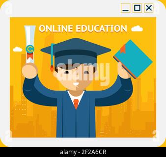 Online-Schulungen. Absolvent in Kleid und Hut in App-Fenster. Wissen und Web, Konzept und E-Learning, Internet. Vektorgrafik Stock Vektor