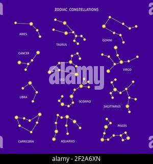 Zodiac Sternbilder Kollektion mit Titeln. 12 leuchtende Sternzeichen. Astrologische Elemente. Vektorgrafik. Stock Vektor
