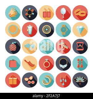 Mode Accessoires flach Icons Set. Diamant und Edelstein, Armband und Brosche, Parfüm und Smaragd. Vektorgrafik Stock Vektor