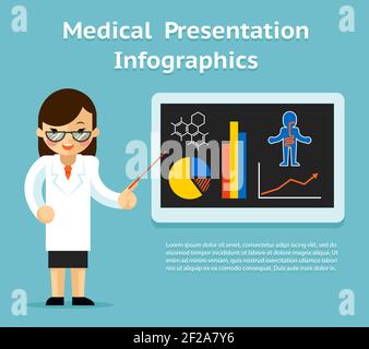 Präsentation Der Medizinischen Infografiken. Ärztin zeigt Diagramm und Diagramm und Grafiken auf Tafel. Vektorgrafik Stock Vektor