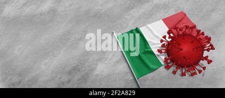 Globale Gesundheitskrise in Covid-19 Ausbruch- und Impfkonzept: 3D Render Coronavirus-Bakterienzelle auf italienischer Flagge mit Kopierraum Stockfoto