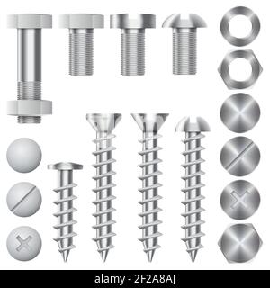 Symbole für Bauelemente. Schrauben, Schrauben, Muttern und Nieten. Ausstattung Edelstahl, metalli Festgetriebe, Vektorgrafik Stock Vektor