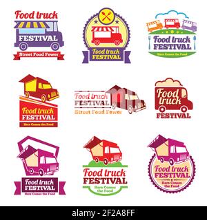 Street Food Festival Farbetiketten Set. Cafe urban, mobile Markt, Event und Transport, Vektor-Illustration Stock Vektor